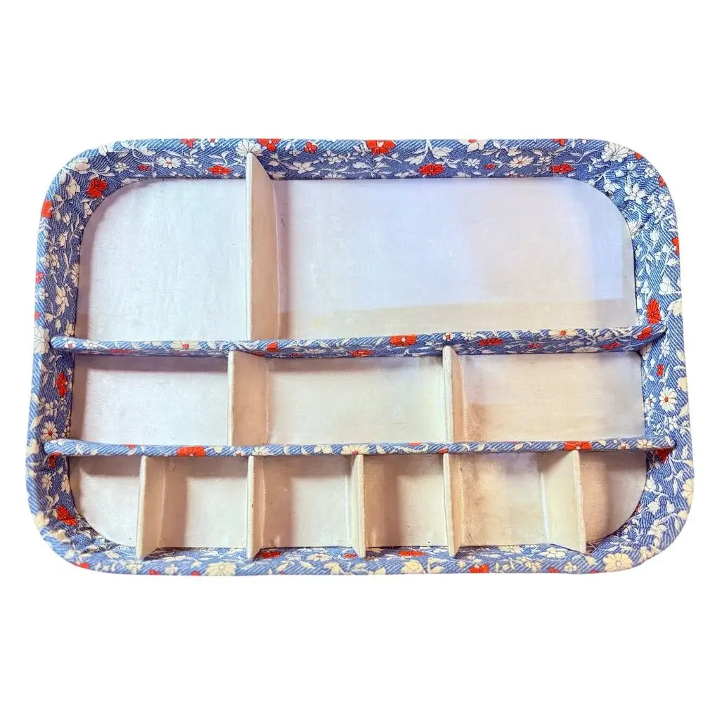 Vintage Floral Fabric Jewelry Organizer Tray Blue Red Vanity Storage Display Box